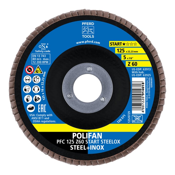 PFERD TOOLS POLIFAN Fächerscheibe PFC 125x22,23 mm konisch Z60 Startlinie START STEELOX Stahl/Edelstahl