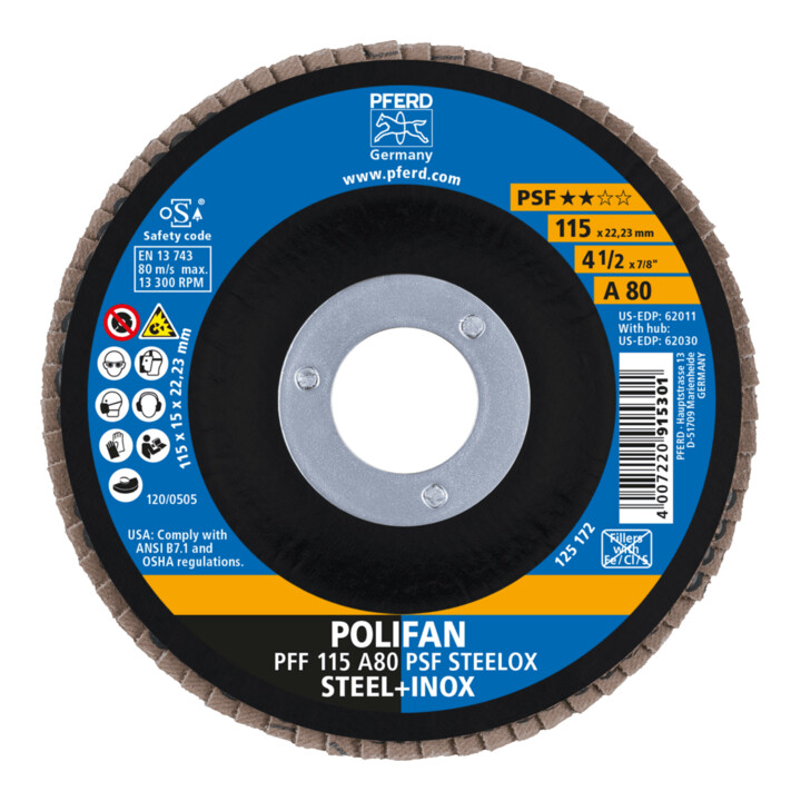 PFERD TOOLS POLIFAN Fächerscheibe PFF 115x22,23 mm flach A80 Universallinie PSF STEELOX Stahl/Edelstahl