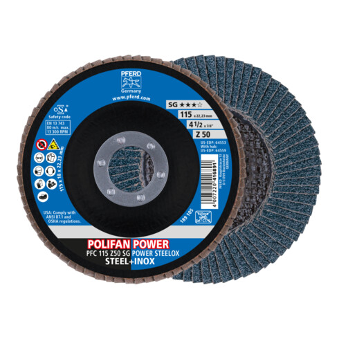 PFERD POLIFAN POWER Fächerscheibe PFC 115x22,23 mm konisch Z50 Leistungslinie SG STEELOX für Stahl/Edelstahl