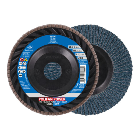 PFERD POLIFAN POWER Fächerscheibe PFC 115x22,23 mm konisch Z80 Leistungslinie SG TRIM STEELOX für Stahl/Edelstahl