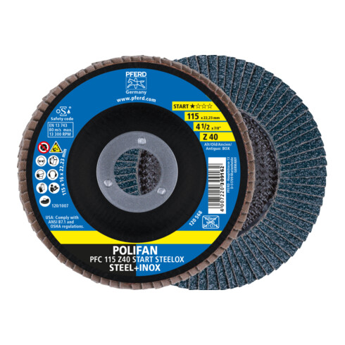 PFERD POLIFAN waaier-schijf PFC 115x22,23 mm conisch Z40 Startlinie START STEELOX staal/roestvrij staal