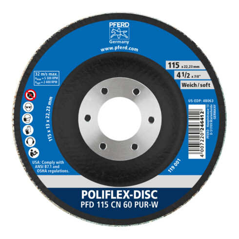 PFERD Poliflex Disc PFD Ø 115x14 mm Bohrung-Ø 22,23 mm Bindung PUR Weich SIC60