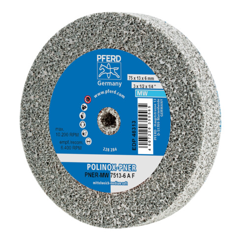 PFERD POLINOX verpresstes Vlies-Rad PNER Ø 75x13 mm Bohrung-Ø 6 mm Mittelweich A Fein für Finish
