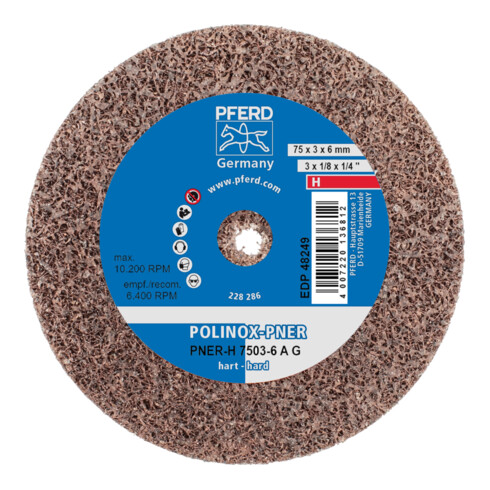 PFERD POLINOX verpresstes Vlies-Rad PNER Ø 75x3 mm Bohrung-Ø 6 mm Hart A Grob für Finish