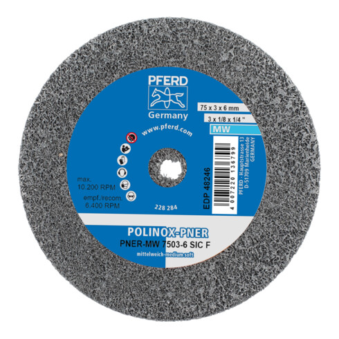 PFERD POLINOX verpresstes Vlies-Rad PNER Ø 75x3 mm Bohrung-Ø 6 mm Mittelweich SIC Fein für Finish