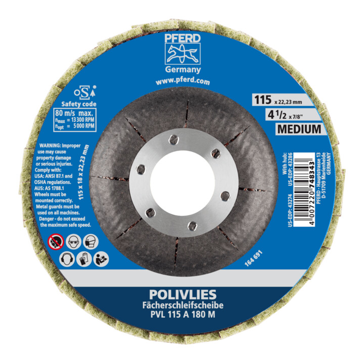 PFERD TOOLS POLIVLIES-Fächerscheibe PVL Korund Ø 115 mm Bohrung 22,23 mm A180M für Feinschliff