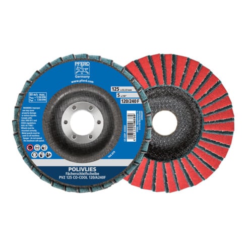 PFERD POLIVLIES-Fächerscheibe PVZ Keramik Ø 125 mm Bohrung 22,23 mm CO-COOL120/A240F für Feinschliff