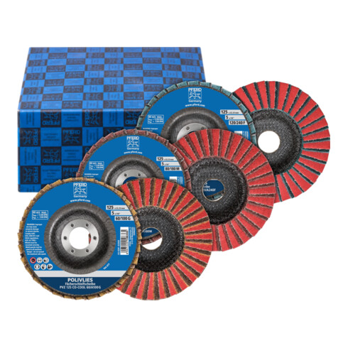 PFERD POLIVLIES-Fächerscheiben Set PVZ 3-tlg. Keramik Ø 125 mm Boh. Ø 22,23 mm CO-COOL60/G,80/M,120/F