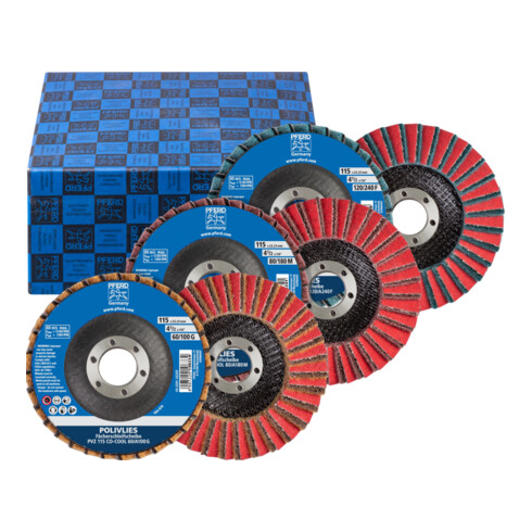 PFERD POLIVLIES-Fächerscheiben Set PVZ Keramik Ø115mm Bohrung Ø22,23mm CO-COOL60/G,80/M,120/F