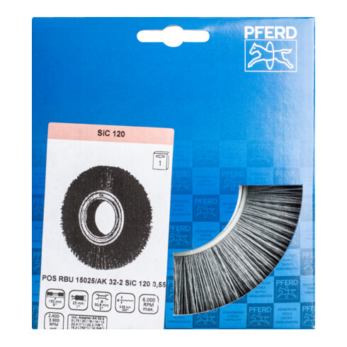 PFERD Rundbürste breit ungezopft RBU Ø 150x25xvari. Bohr. SiC-Filament-Ø 0,55 mm Korn 120 Schleifbock