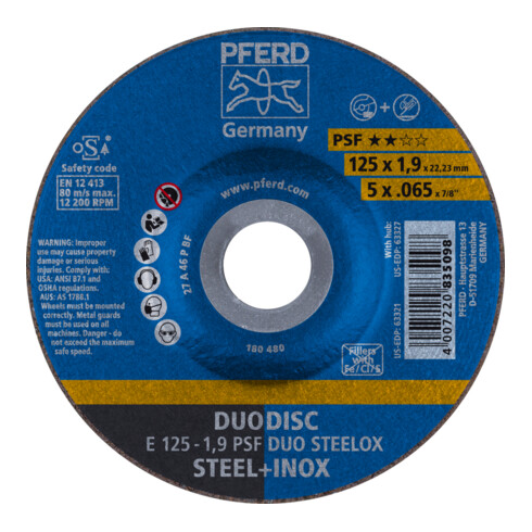 PFERD ruwe slijpschijf PS-Forte DUODISC K.46 D.125x1,9mm gekruld 22,23mm