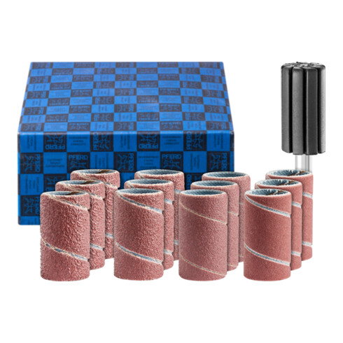 PFERD Schleifhülsen-Set 13-tlg. Korund Ø 15x30mm A60,80,150,240 mit Halter Schaft-Ø 6 mm