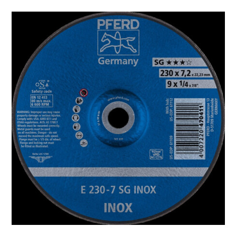 Pferd Schruppscheibe 230x7,2mm f.INOX gekröpft Bohrung 22,23mm