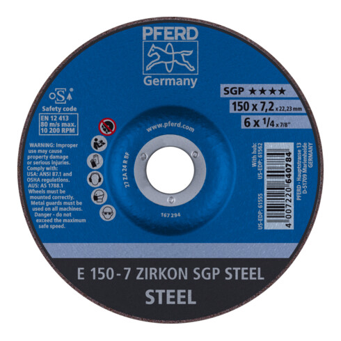 PFERD Schruppscheibe E 150x7,2x22,23 mm ZIRKON Speziallinie SGP STEEL für Stahl