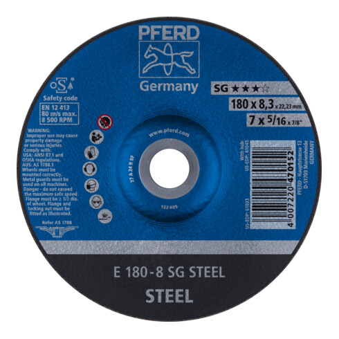 PFERD Schruppscheibe E 180x8,3x22,23 mm Leistungslinie SG STEEL für Stahl