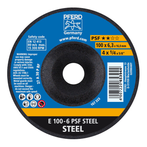 PFERD Schruppscheibe E 100x6,3x16 mm Universallinie PSF STEEL für Stahl