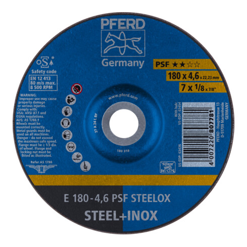 PFERD Schruppscheibe E 180x4,6x22,23 mm Universallinie PSF STEELOX für Stahl/Edelstahl