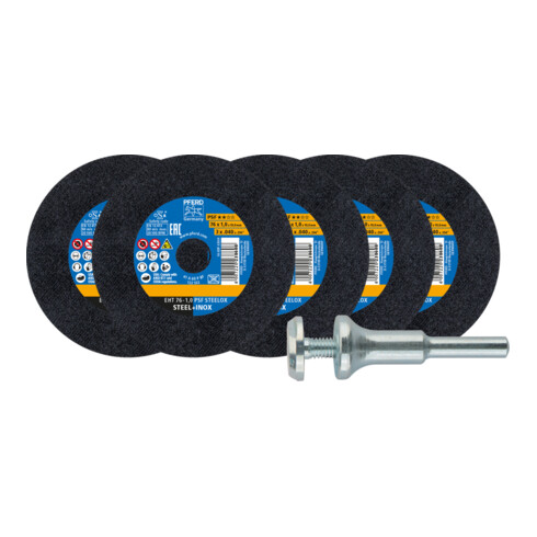 PFERD TOOLS 5x Trennscheiben EHT 76x1,0x10 mm gerade PSF STEELOX für Stahl/Edelstahl mit 1x Aufspannbolzen