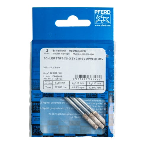 PFERD TOOLS CAIN SHARP Schleifstift CS-G Zylinder Ø 3,8x16 mm Schaft-Ø 3 mm A80 zum Schärfen von Sägeketten