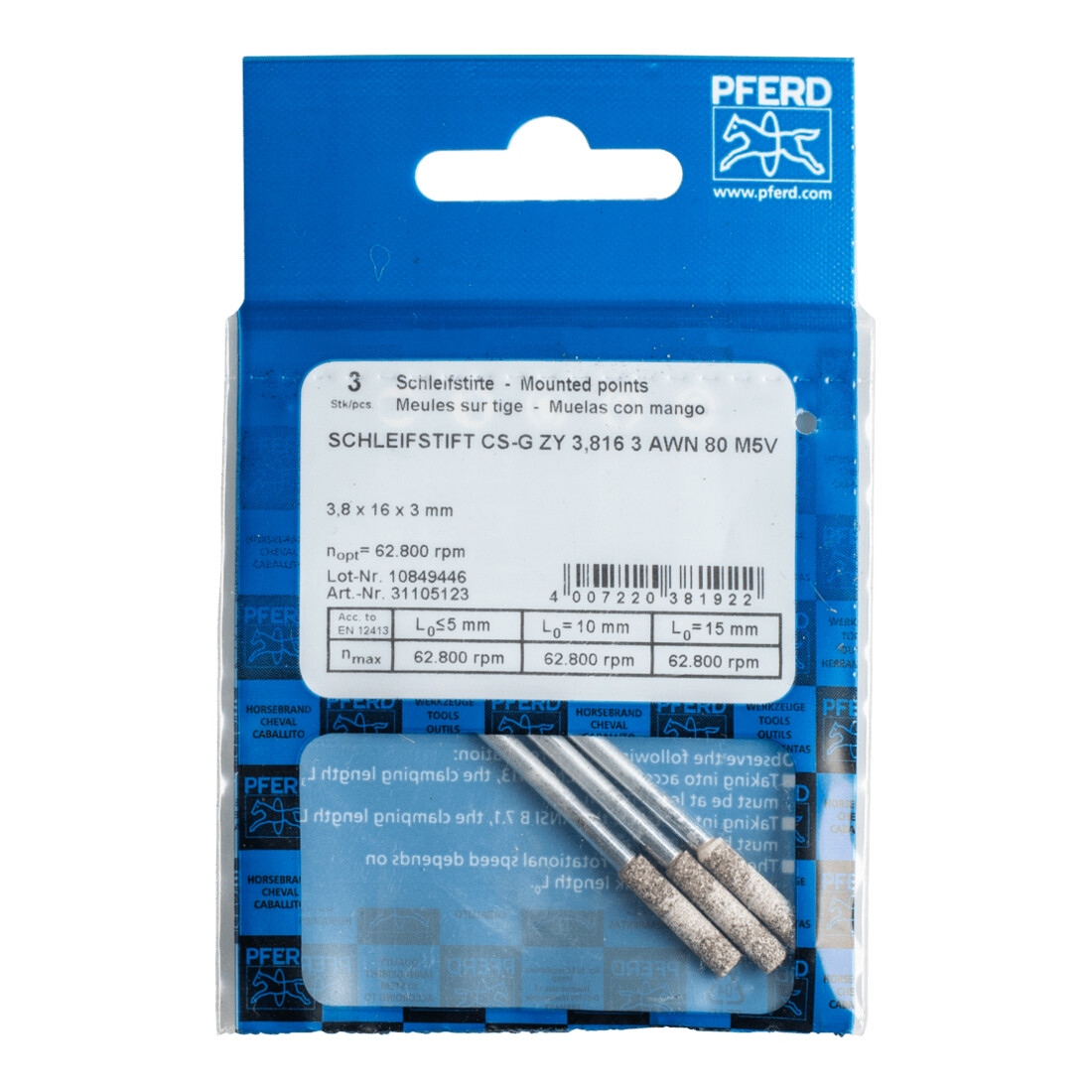 PFERD TOOLS CAIN SHARP Schleifstift CS-G Zylinder Ø 3,8x16 mm Schaft-Ø 3 mm A80 zum Schärfen von Sägeketten