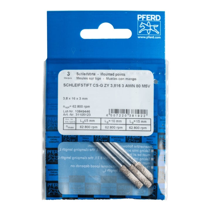 PFERD TOOLS CAIN SHARP Schleifstift CS-G Zylinder Ø 3,8x16 mm Schaft-Ø 3 mm A80 zum Schärfen von Sägeketten