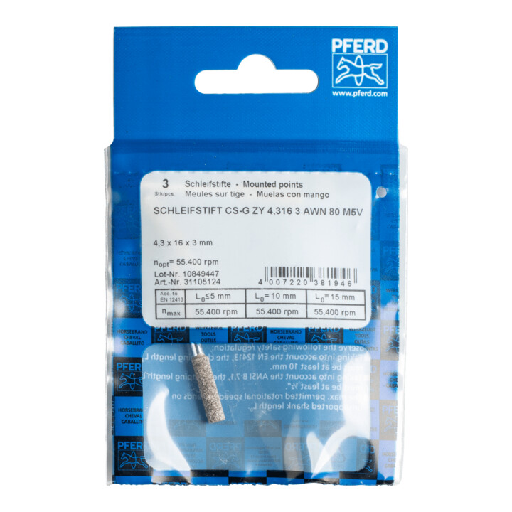 PFERD TOOLS CAIN SHARP Schleifstift CS-G Zylinder Ø 4,3x16 mm Schaft-Ø 3 mm A80 zum Schärfen von Sägeketten