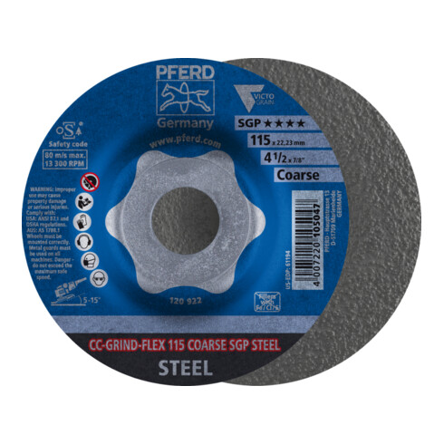 PFERD TOOLS CC-GRIND FLEX Schleifscheibe 115x22,23 mm COARSE Speziallinie SGP STEEL für Stahl