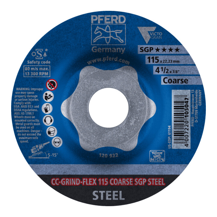 PFERD TOOLS CC-GRIND FLEX Schleifscheibe 115x22,23 mm COARSE Speziallinie SGP STEEL für Stahl