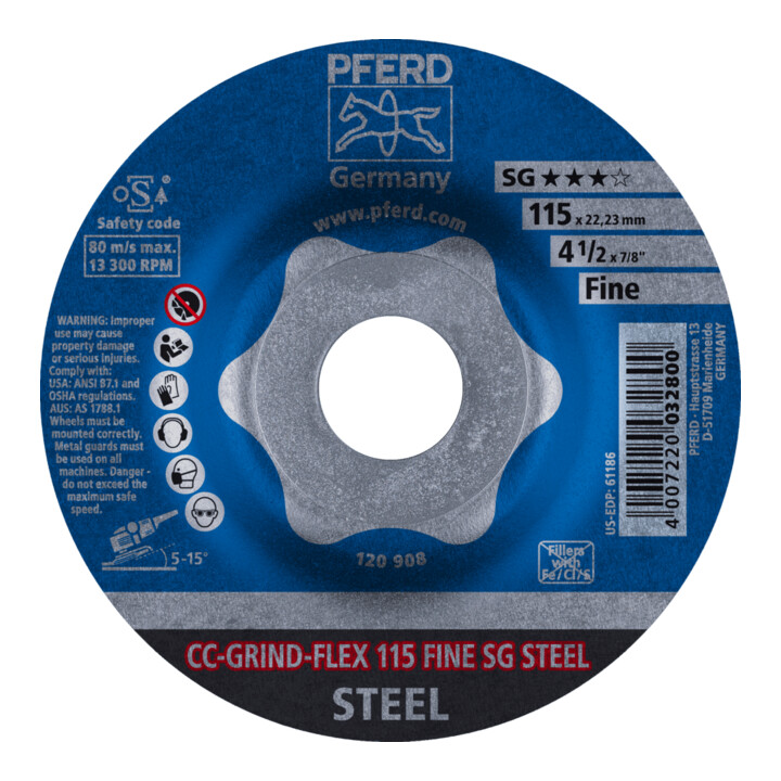 PFERD TOOLS CC-GRIND FLEX Schleifscheibe 115x22,23 mm FINE Leistungslinie SG STEEL für Stahl
