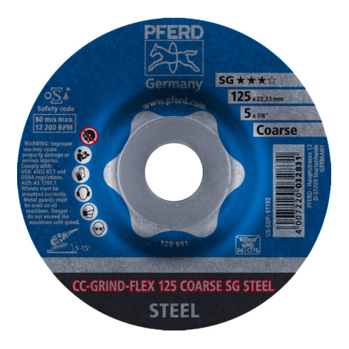 PFERD TOOLS CC-GRIND FLEX Schleifscheibe 125x22,23 mm COARSE Leistungslinie SG STEEL für Stahl