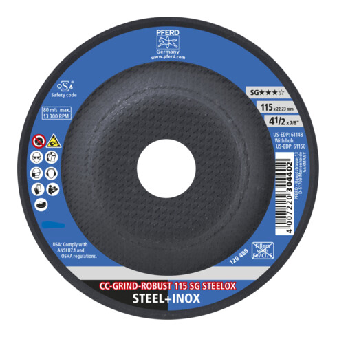 PFERD TOOLS CC-GRIND ROBUST Schleifscheibe 115x22,23 mm Leistungslinie SG STEELOX für Stahl/Edelstahl