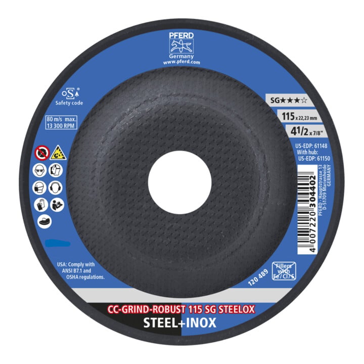 PFERD TOOLS CC-GRIND ROBUST Schleifscheibe 115x22,23 mm Leistungslinie SG STEELOX für Stahl/Edelstahl
