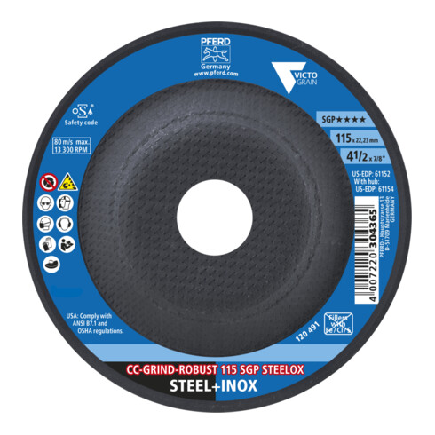 PFERD TOOLS CC-GRIND ROBUST Schleifscheibe 115x22,23 mm Speziallinie SGP STEELOX für Stahl/Edelstahl
