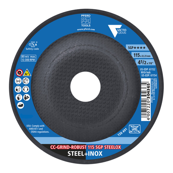 PFERD TOOLS CC-GRIND ROBUST Schleifscheibe 115x22,23 mm Speziallinie SGP STEELOX für Stahl/Edelstahl