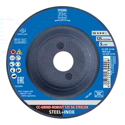 PFERD TOOLS CC-GRIND ROBUST Schleifscheibe 125x22,23 mm Leistungslinie SG STEELOX für Stahl/Edelstahl