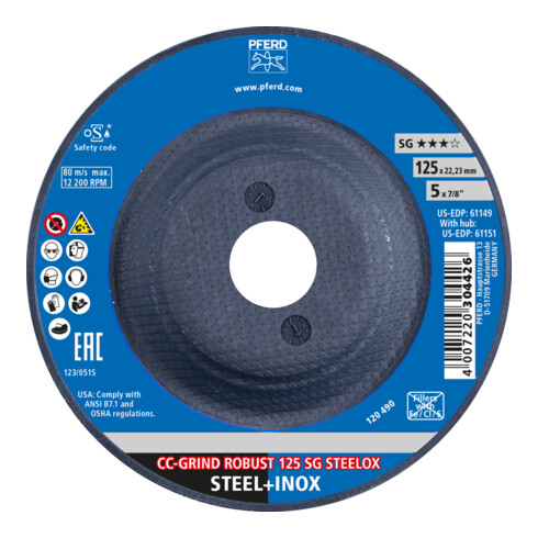 PFERD TOOLS CC-GRIND ROBUST Schleifscheibe 125x22,23 mm Leistungslinie SG STEELOX für Stahl/Edelstahl