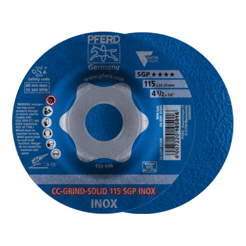 PFERD TOOLS CC-GRIND SOLID Schleifscheibe 115x22,23 mm COARSE Speziallinie SGP INOX für Edelstahl