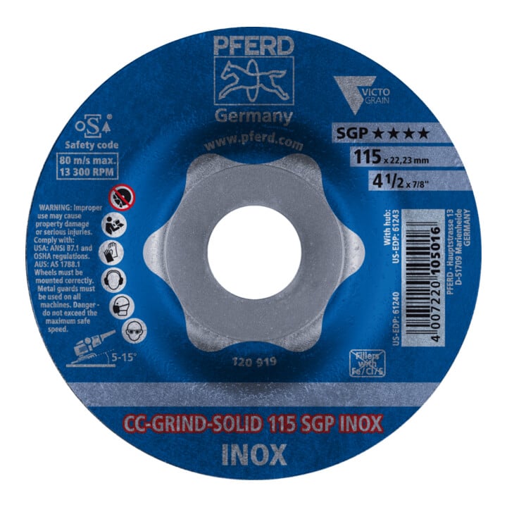 PFERD TOOLS CC-GRIND SOLID Schleifscheibe 115x22,23 mm COARSE Speziallinie SGP INOX für Edelstahl