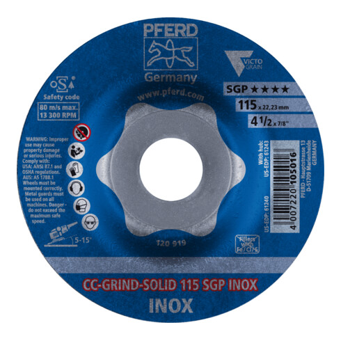 PFERD TOOLS CC-GRIND SOLID Schleifscheibe 115x22,23 mm COARSE Speziallinie SGP INOX für Edelstahl