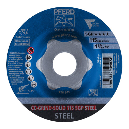 PFERD TOOLS CC-GRIND SOLID Schleifscheibe 115x22,23 mm COARSE Speziallinie SGP STEEL für Stahl