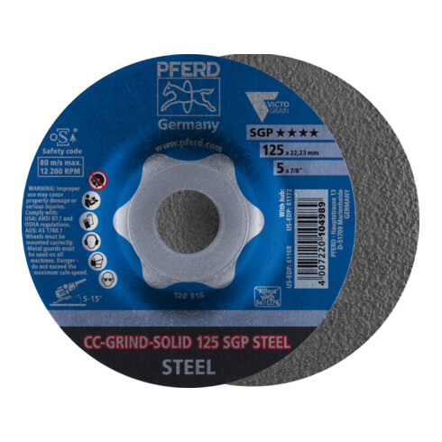 PFERD TOOLS CC-GRIND SOLID Schleifscheibe 125x22,23 mm COARSE Speziallinie SGP STEEL für Stahl