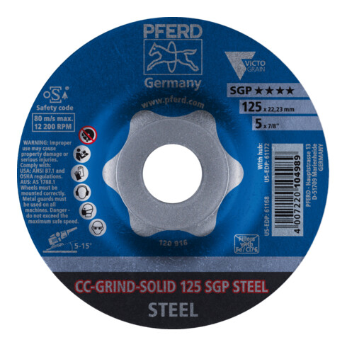 PFERD TOOLS CC-GRIND SOLID Schleifscheibe 125x22,23 mm COARSE Speziallinie SGP STEEL für Stahl
