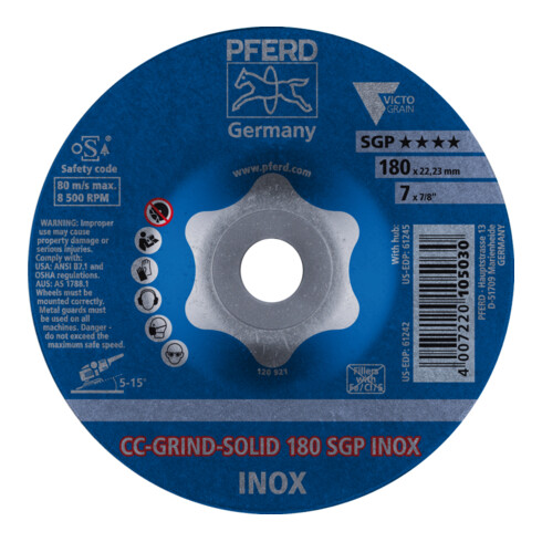 PFERD TOOLS CC-GRIND SOLID Schleifscheibe 180x22,23 mm COARSE Speziallinie SGP INOX für Edelstahl