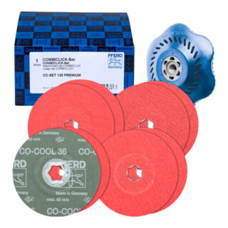 PFERD TOOLS COMBICLICK-Fiberscheiben-Set Keramikkorn Ø125mm CO-COOL 36, 60, 80, 120 mit CC-H-GT-Stützteller für Edelstahl