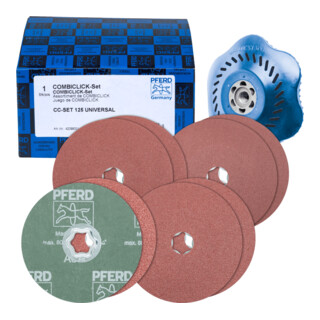 PFERD TOOLS COMBICLICK-Fiberscheiben-Set Korund Ø125mm A36, 60, 80, 120 mit CC-H-GT-Stützteller für universelle Anwendungen