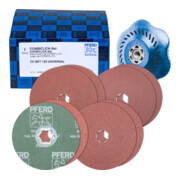 PFERD TOOLS COMBICLICK-Fiberscheiben-Set Korund Ø125mm A36, 60, 80, 120 mit CC-H-GT-Stützteller für universelle Anwendungen