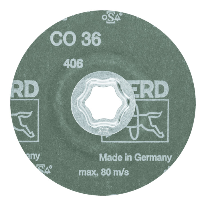 PFERD TOOLS COMBICLICK Keramikkorn Fiberscheibe Ø 115 mm CO36 für hohen Abtrag auf Stahl