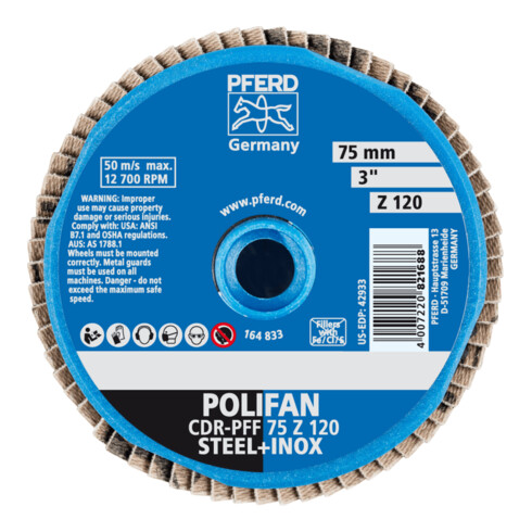 PFERD TOOLS COMBIDISC Zirkon Mini-POLIFAN CDR Ø 75 mm Z120 für gehärteten Stahl