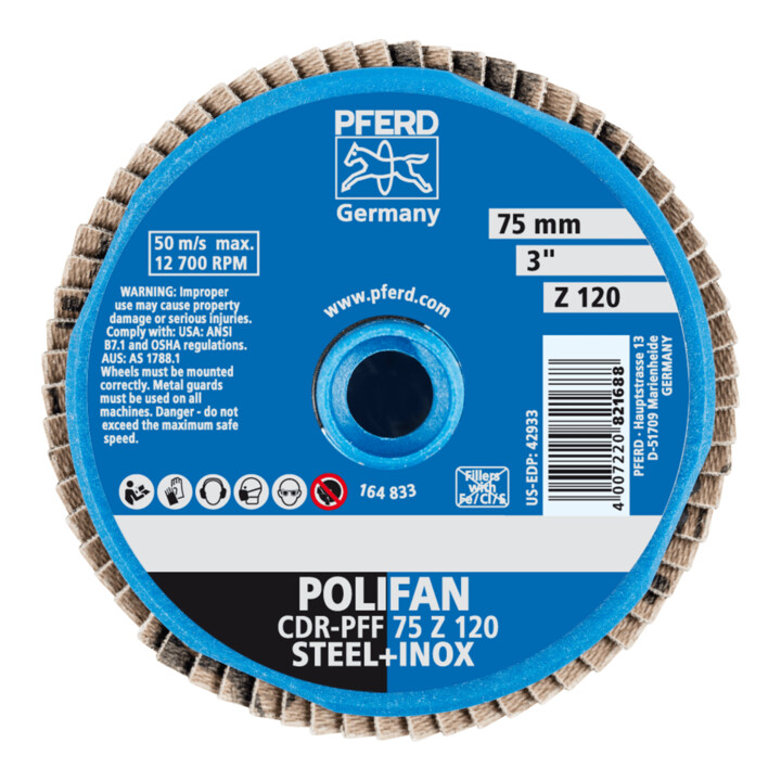 PFERD TOOLS COMBIDISC Zirkon Mini-POLIFAN CDR Ø 75 mm Z120 für gehärteten Stahl