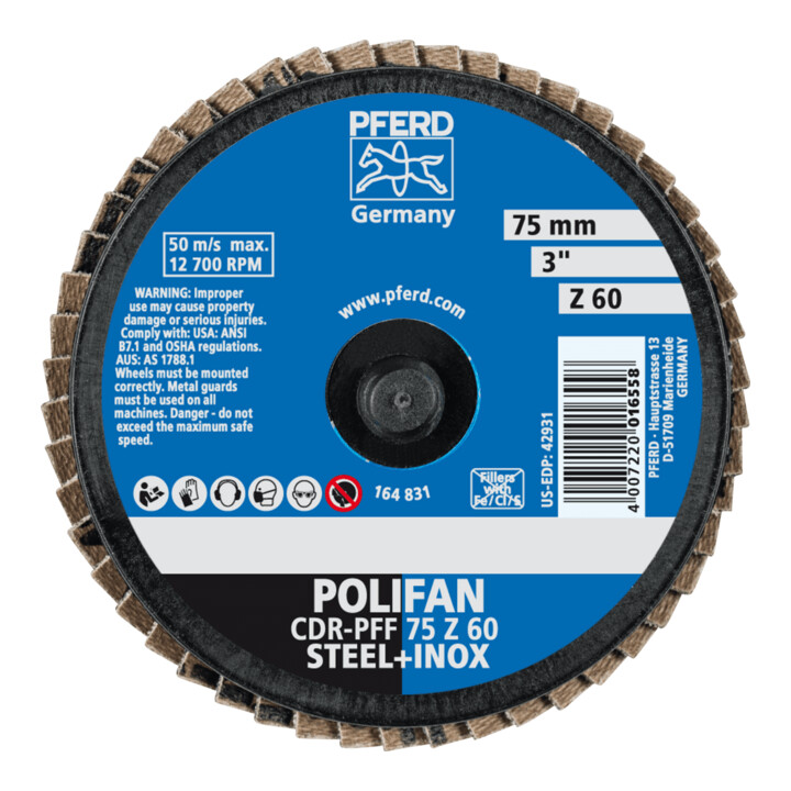 PFERD TOOLS COMBIDISC Zirkon Mini-POLIFAN CDR Ø 75 mm Z60 für gehärteten Stahl